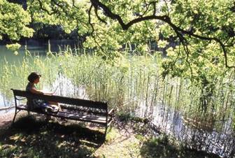 Frau sitzend auf einer Bank an einem Teich
